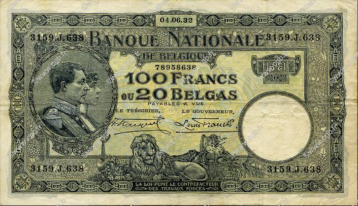 100 Francs - 20 Belgas BÉLGICA  1932 P.102 MBC+