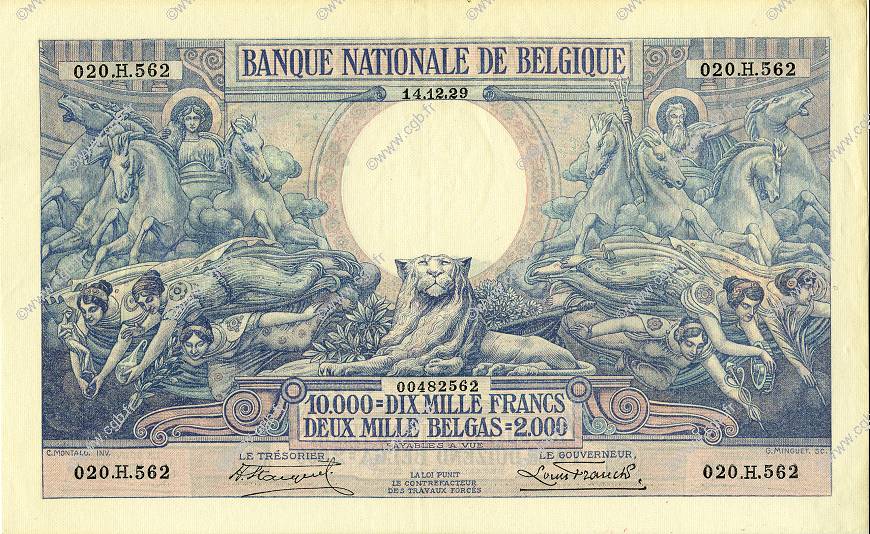 10000 Francs - 2000 Belgas  BELGIQUE  1929 P.105 pr.SPL
