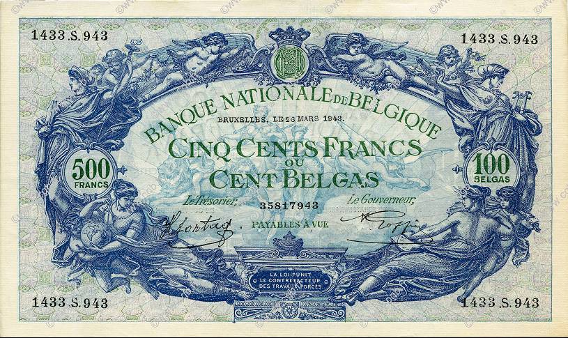 500 Francs - 100 Belgas BELGIQUE  1943 P.109 SPL