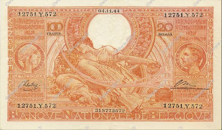 100 Francs - 20 Belgas BELGIUM  1944 P.113 XF+