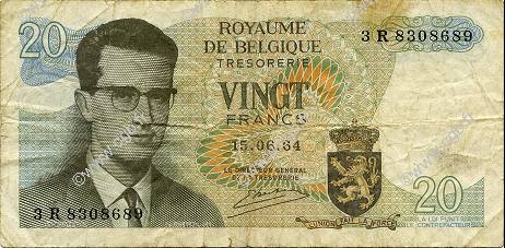 20 Francs BÉLGICA  1964 P.138 BC
