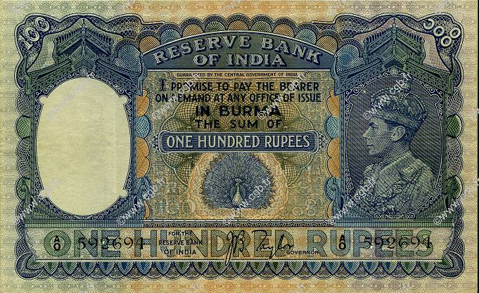 100 Rupees BIRMANIE  1939 P.06 TTB+