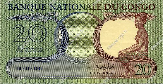 20 Francs RÉPUBLIQUE DÉMOCRATIQUE DU CONGO  1961 P.004a SUP à SPL