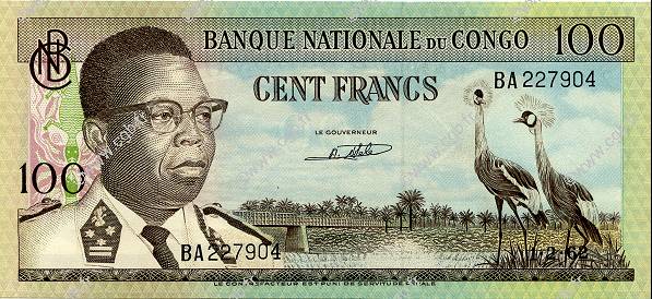 100 Francs DEMOKRATISCHE REPUBLIK KONGO  1962 P.006a VZ to fST