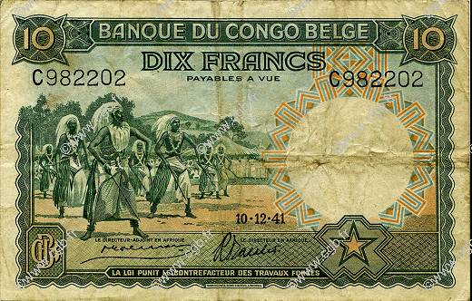 10 Francs CONGO BELGE  1941 P.14 TB