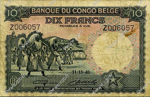10 Francs CONGO BELGE  1948 P.14E TB