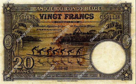 20 Francs BELGIAN CONGO  1942 P.15A G