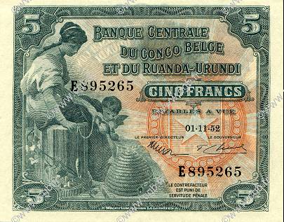 5 Francs BELGISCH-KONGO  1952 P.21 fST