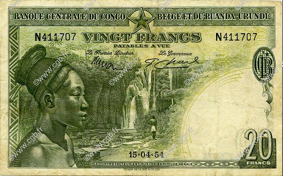 20 Francs  CONGO BELGE  1954 P.26 TTB