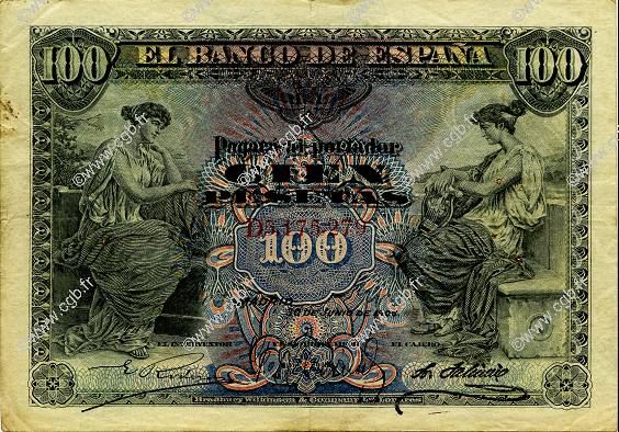 100 Pesetas SPAGNA  1906 P.059a MB a BB