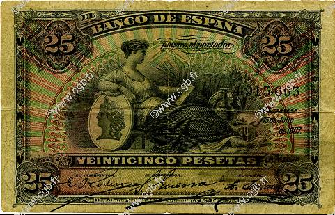 25 Pesetas SPAIN  1907 P.062a G
