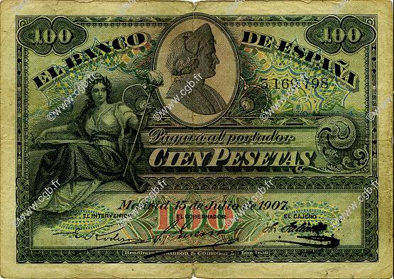 100 Pesetas ESPAGNE  1907 P.064a TB