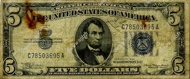 5 Dollars ÉTATS-UNIS D AMÉRIQUE  1934 P.414A B+