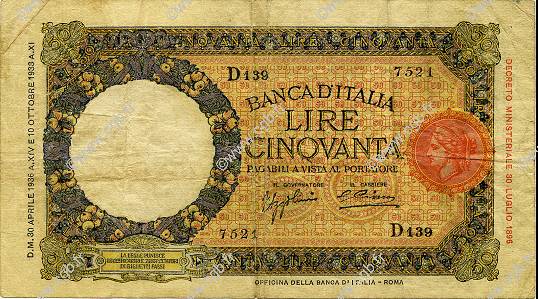 50 Lire ITALY  1936 P.054a F