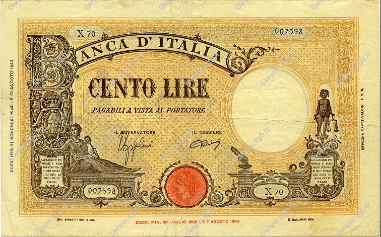 100 Lire ITALIEN  1944 P.067a SS