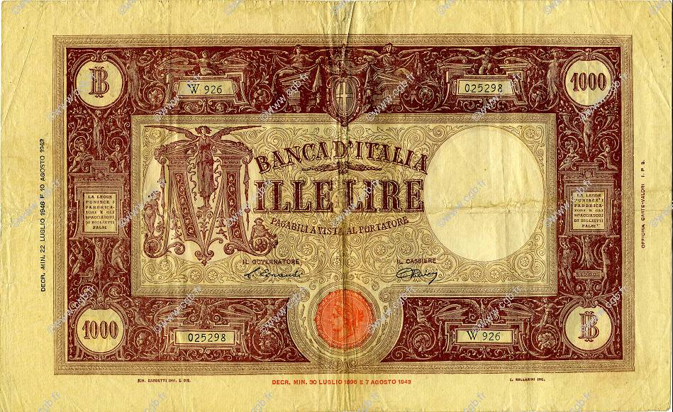 1000 Lire ITALY  1946 P.072c F+