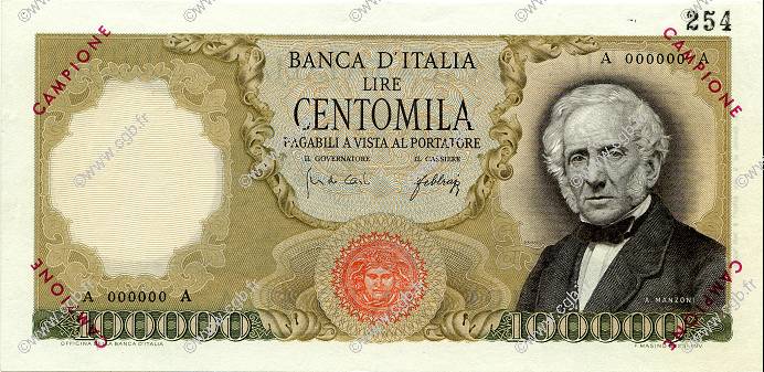 100000 Lire Spécimen ITALIE  1967 P.100as SPL