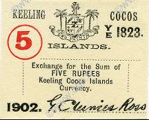 5 Rupees ISOLE KEELING COCOS  1902 PS.128 q.FDC