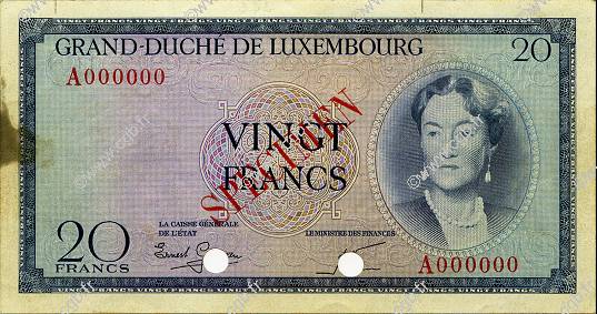 20 Francs Spécimen LUSSEMBURGO  1955 P.49s q.SPL