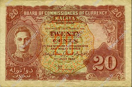 20 Cents MALAYA  1941 P.09a TTB