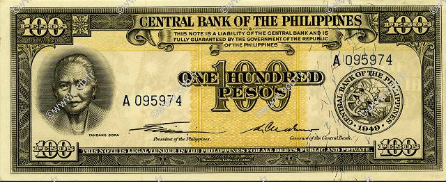100 Pesos FILIPPINE  1949 P.139a q.FDC