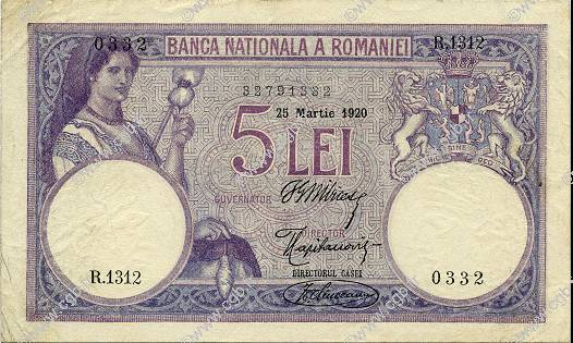 5 Lei ROMANIA  1920 P.019a VF+