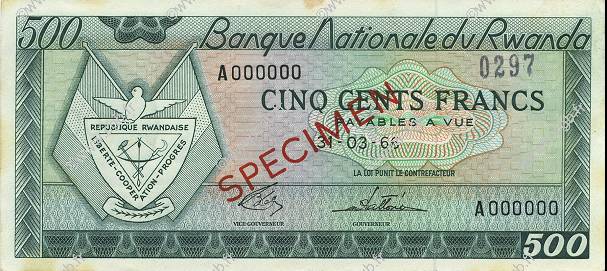 500 Francs Spécimen RUANDA  1964 P.09s1 SC