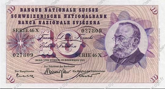 10 Francs SUISSE  1965 P.45k UNC-