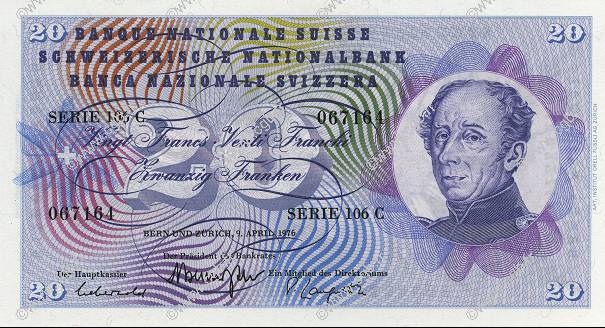 20 Francs SUISSE  1976 P.46w q.FDC