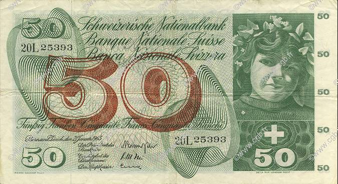 50 Francs SWITZERLAND  1965 P.48e VF