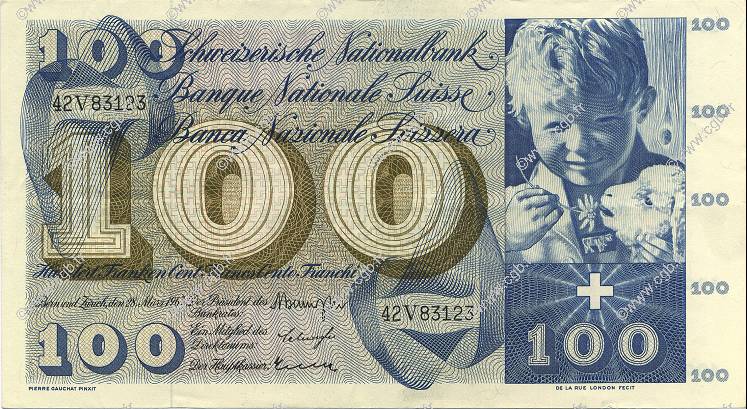 100 Francs SWITZERLAND  1963 P.49e XF
