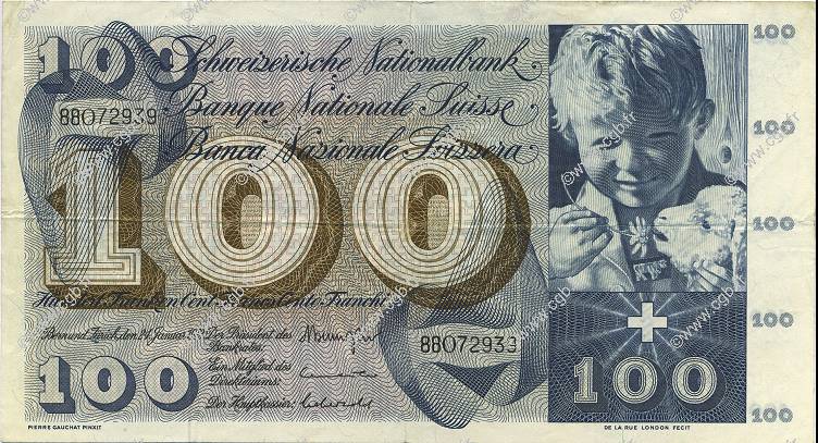 100 Francs SWITZERLAND  1972 P.49m VF