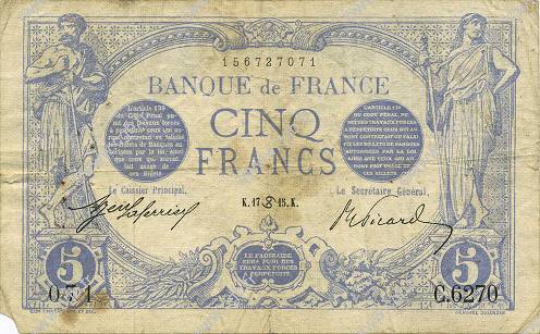 5 Francs BLEU FRANCE  1915 F.02.28 F+