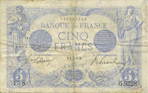 5 Francs BLEU FRANCE  1915 F.02.34 VF-