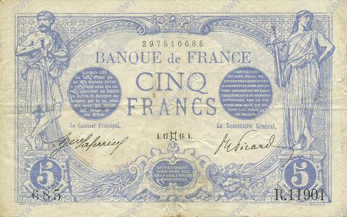 5 Francs BLEU FRANCE  1916 F.02.39 VF
