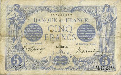 5 Francs BLEU FRANKREICH  1916 F.02.42 S