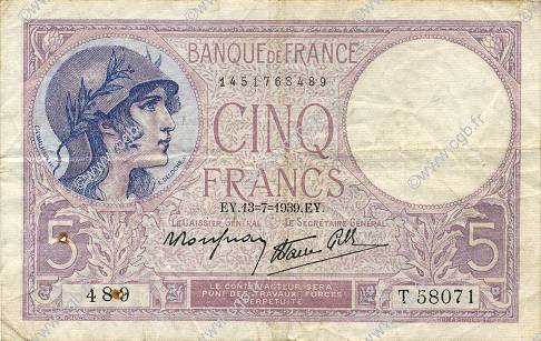 5 Francs FEMME CASQUÉE modifié FRANCIA  1939 F.04.01 BC+