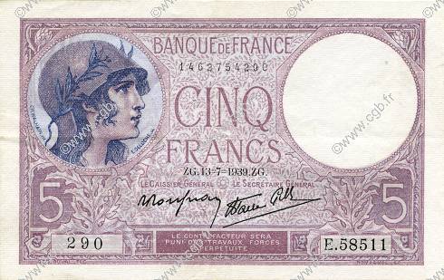 5 Francs FEMME CASQUÉE modifié FRANCE  1939 F.04.02 VF - XF