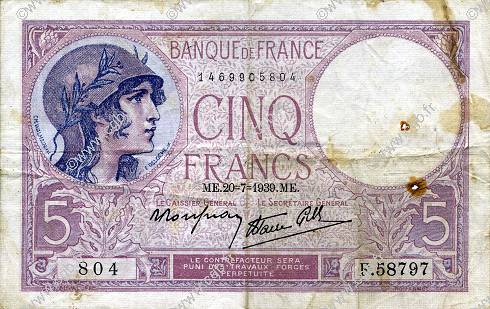 5 Francs FEMME CASQUÉE modifié FRANKREICH  1939 F.04.02 S
