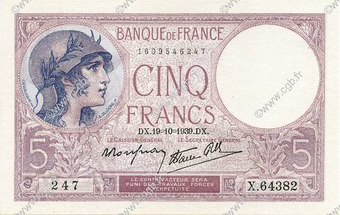 5 Francs FEMME CASQUÉE modifié FRANCE  1939 F.04.12 UNC