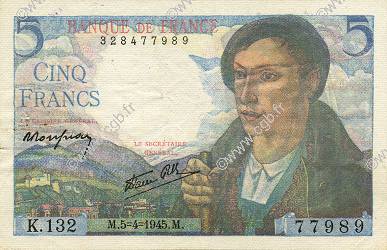5 Francs BERGER FRANKREICH  1945 F.05.06 fVZ