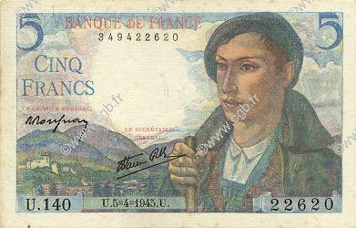 5 Francs BERGER FRANKREICH  1945 F.05.06 VZ to fST