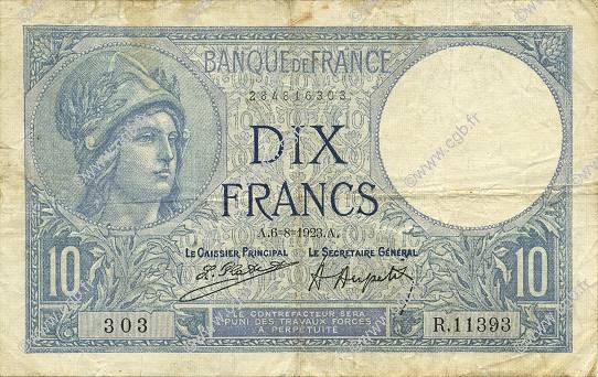 10 Francs MINERVE FRANCIA  1923 F.06.07 q.BB