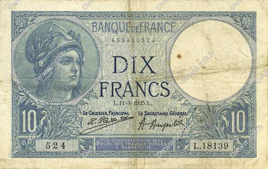 10 Francs MINERVE FRANCE  1925 F.06.09 VF