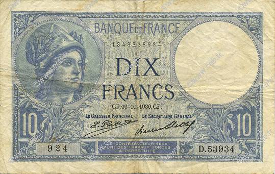 10 Francs MINERVE FRANCE  1930 F.06.14 VF