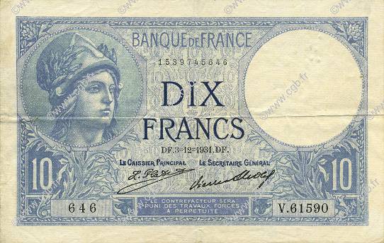 10 Francs MINERVE FRANCIA  1931 F.06.15 BB