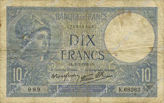 10 Francs MINERVE modifié FRANCE  1939 F.07.01 VG