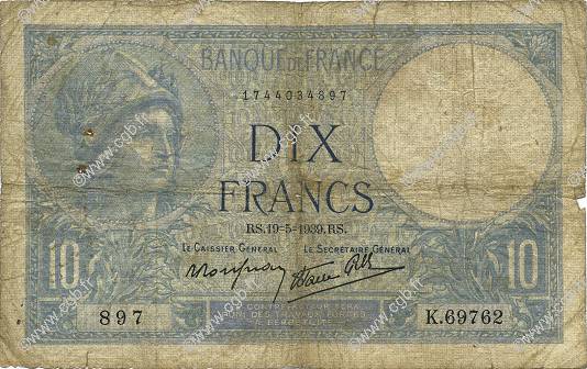 10 Francs MINERVE modifié FRANCIA  1939 F.07.03 B