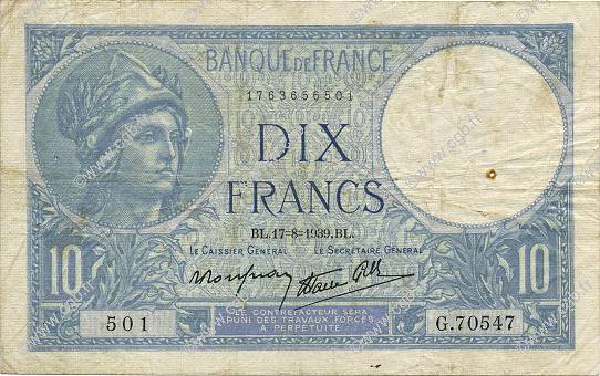 10 Francs MINERVE modifié FRANCIA  1939 F.07.05 BC+