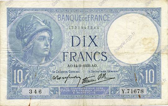 10 Francs MINERVE modifié FRANCIA  1939 F.07.07 BB